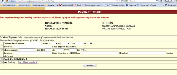 passport online for apply application correction Amount online PAN   through card